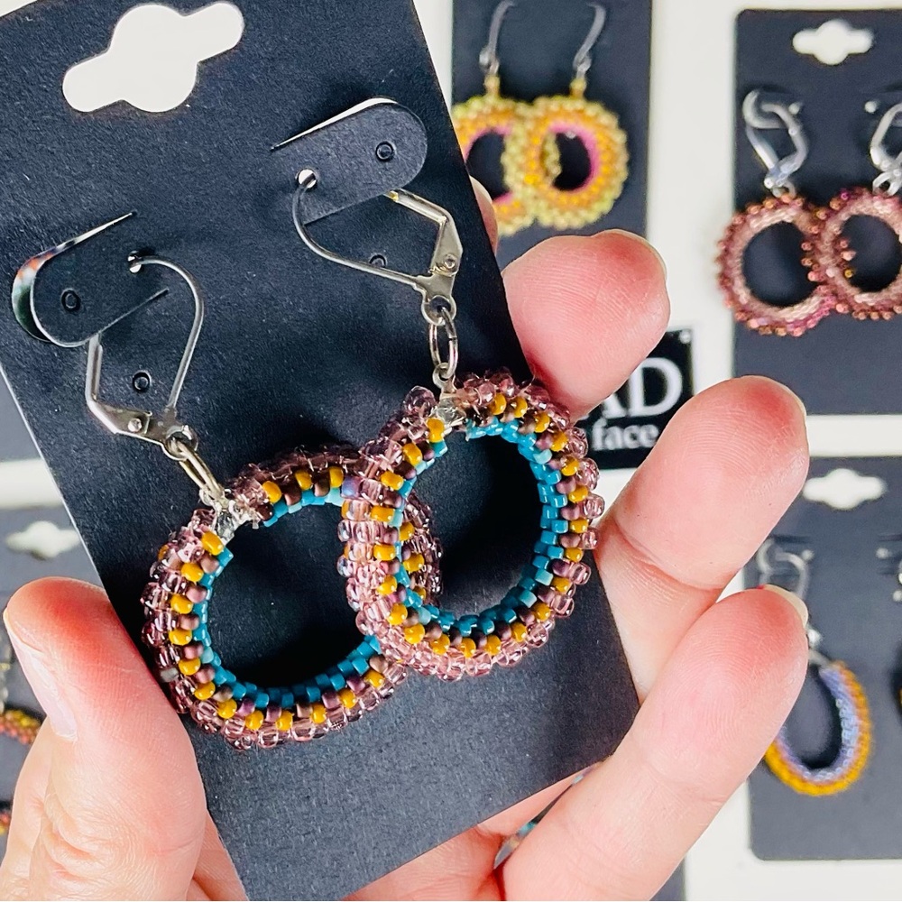 Handmade Beaded Hoop Earrings with silver finish OS